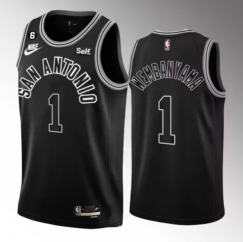 Men's San Antonio Spurs #1 Victor Wembanyama Black 2022/23 Icon Edition With NO.6 Patch Stitched Basketball Jersey